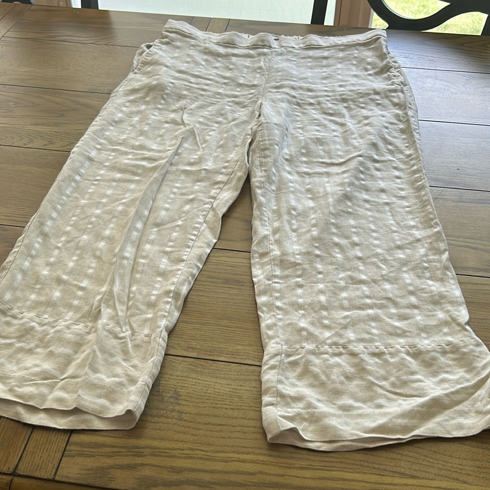 LOFT linen blend beige and white stripes wide leg cropped pants size L